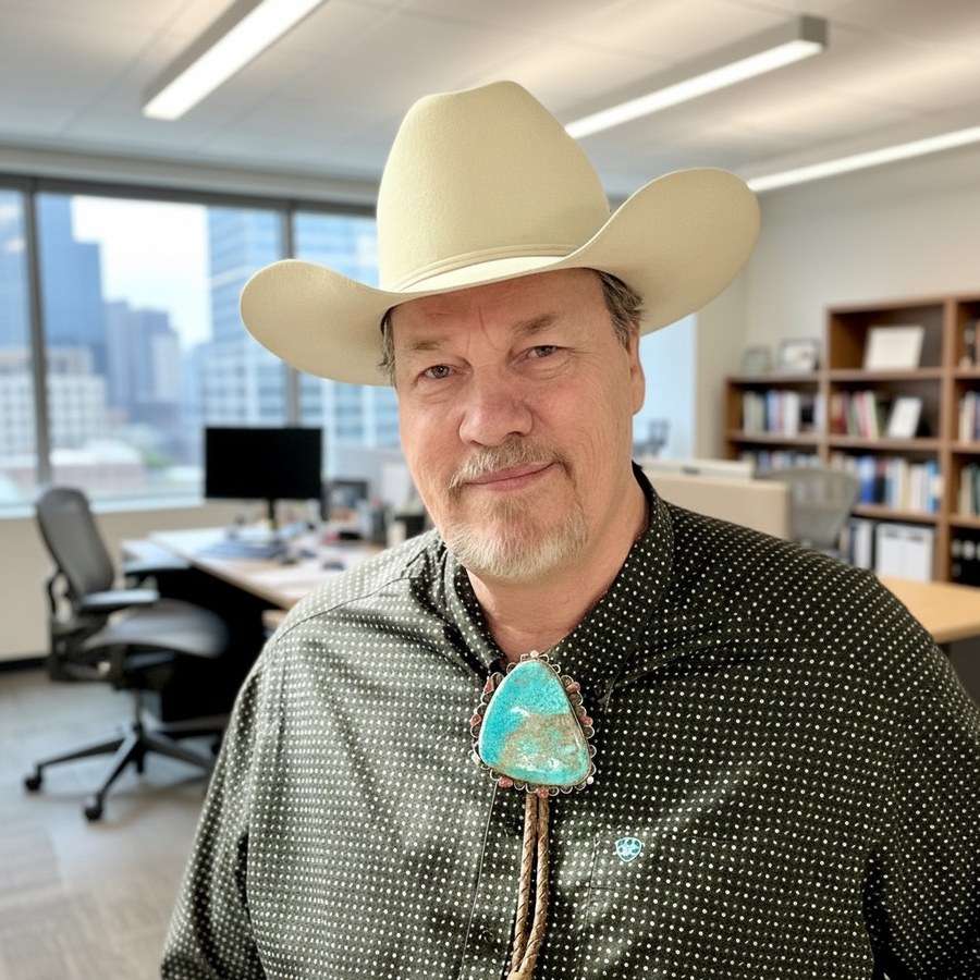 Duane Holloway in his cream Stetson and turquoise bolo tie, standing in his office with the city skyline behind him